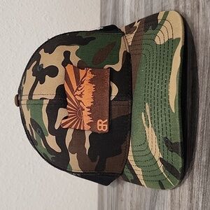 Black Rock Coffee Bend Oregon Camouflage Trucker Hat with Leather Oregon Patch